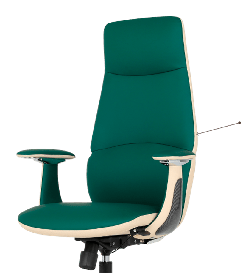 Cadeira Vivance em couro verde com detalhes em creme, com linha indicando o encosto