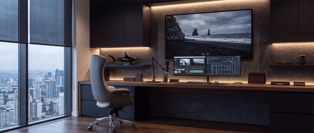 Cadeira Shark em home office com vista para a cidade, mesa de madeira e monitores
