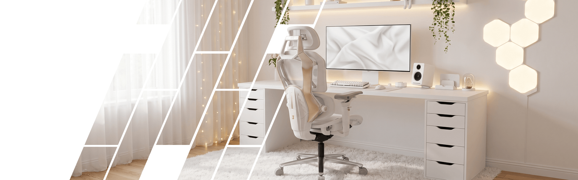 Cadeira de escritorio Chrono na cor branca em um ambiente de trabalho clean e minimalista