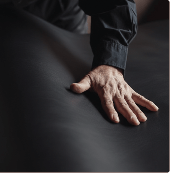 Close-up da mão de um especialista pressionando a superfície de couro preto da cadeira presidente Mielya MB para demonstrar elasticidade. Na parte inferior, um selo informativo diz: 'Máxima durabilidade e elevada resistência à fissuração'