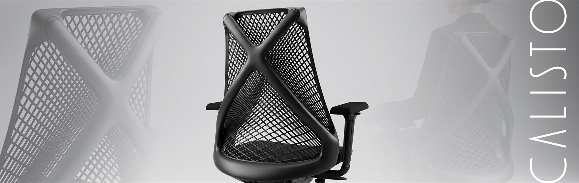 Detalhe do encosto em mesh da cadeira Calisto