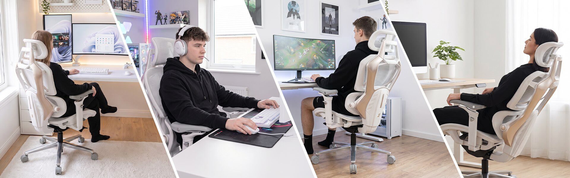 Quatro ambientes de trabalho e jogos com a cadeira Chrono branca em uso