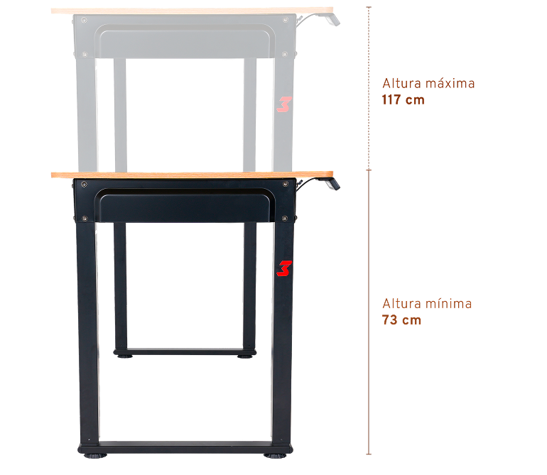 Ilustrativo 3D realístico exemplificando altura máxima de 117cm e mínima de 73cm