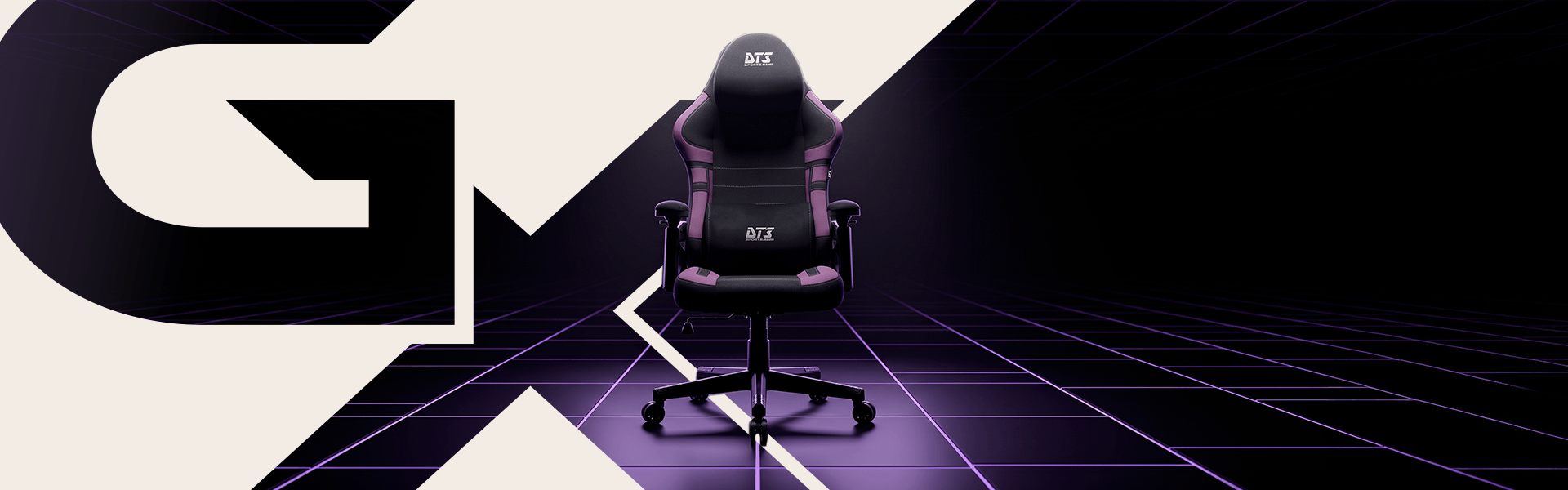 Cadeira gamer DT3 GX preta com detalhes roxos em um ambiente escuro com piso em grid iluminado