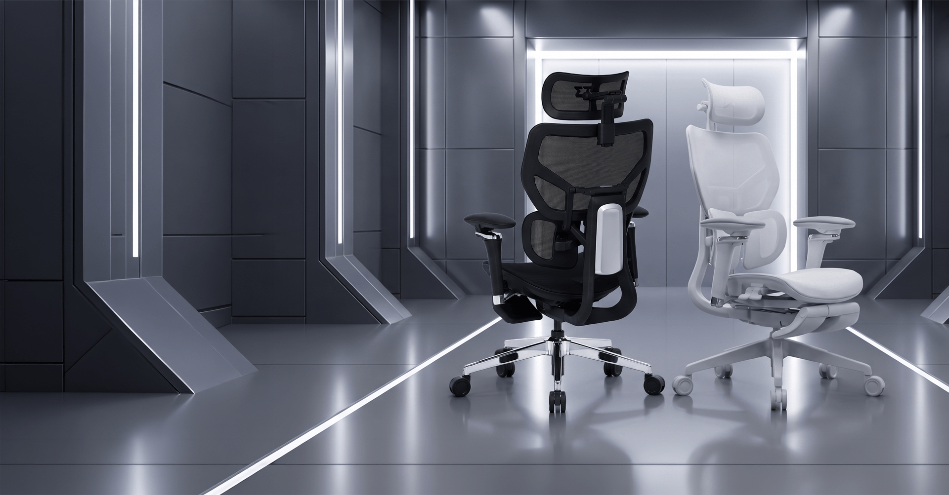 Cadeira de escritório ergonômica Glacius Mesh nas versões preta e branca, com encosto em tela respirável e apoio de cabeça ajustável, em um ambiente futurista.
