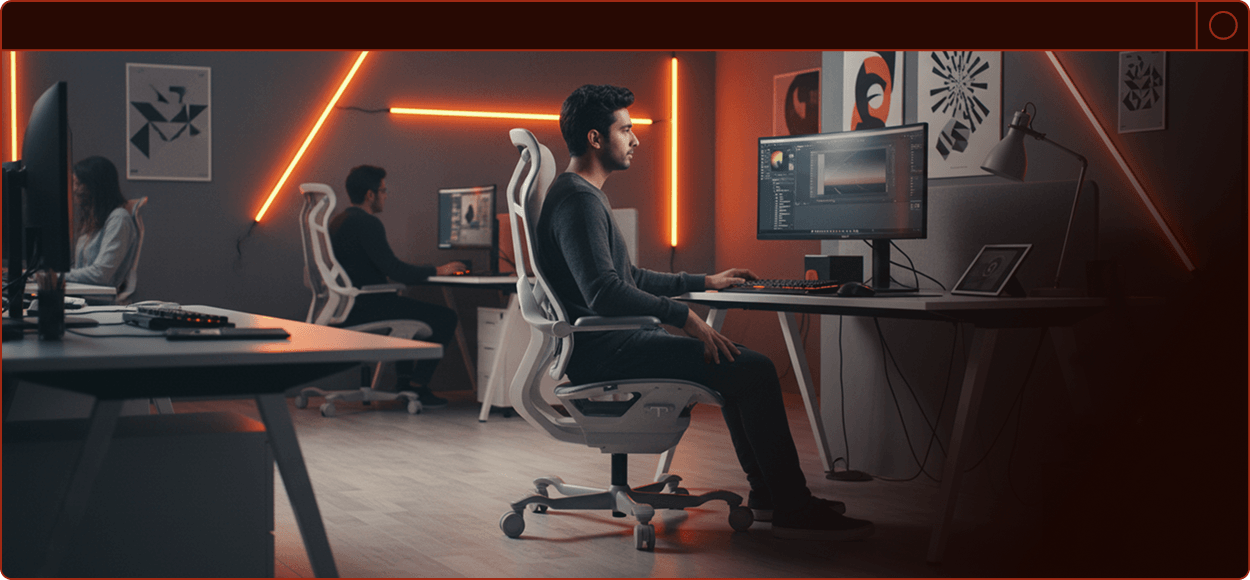 Homem sentado na cadeira gamer DT3 N7 em um setup gamer completo com iluminação ciano, monitor ultra-wide e PC gamer com LEDs.