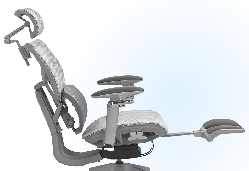 Cadeira ergonômica Glacius reclinada com o apoio de pé retrátil estendido para descanso