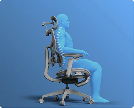 Pessoa sentada ereta na cadeira ergonômica Glacius em postura de foco e trabalho