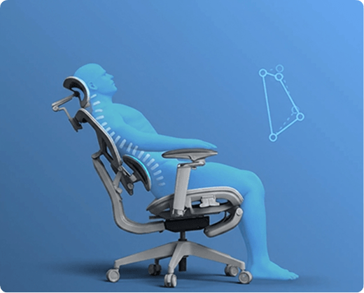 Cadeira Glacius reclinada com o encosto SpineSync Full acompanhando as curvas da coluna
