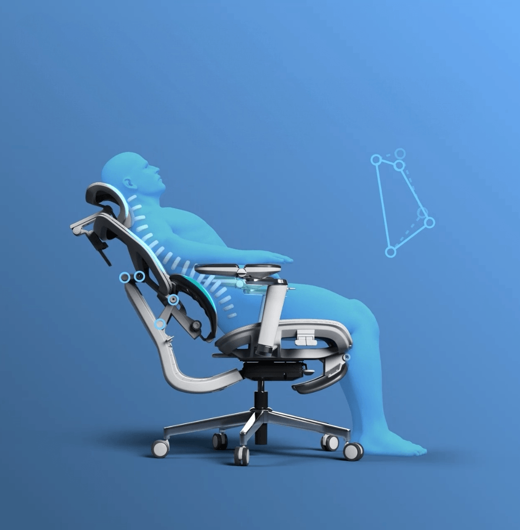 Cadeira Glacius reclinada com o encosto SpineSync Full acompanhando as curvas da coluna