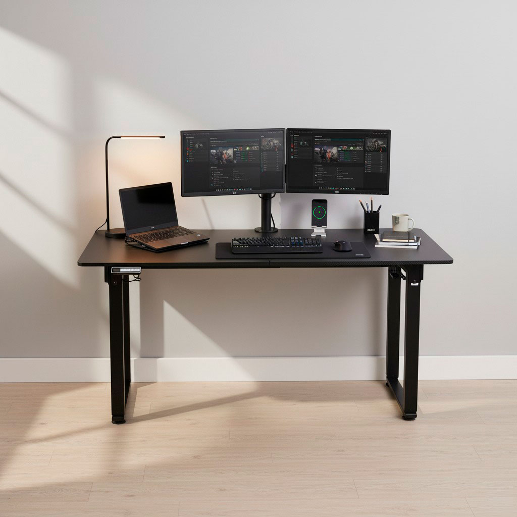 Mesa F40 DT3, ambientada, na versão com tampo revestido em madeira Black