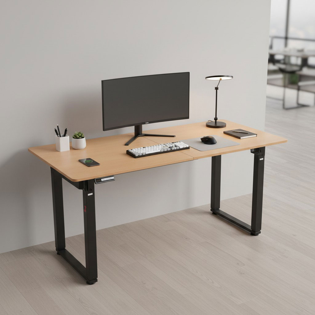 Mesa F40 DT3, ambientada, na versão com tampo revestido em madeira Oak