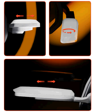 Infográfico da cadeira gamer DT3 N7 mostrando os três eixos de ajuste do apoio de braços 3D: rotação, profundidade e altura.