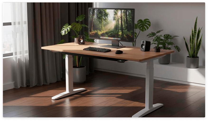 Mesa com regulagem de altura F50 em altura de uso padrão, ambientada em escritório claro com iluminação natural e decoração com plantas. Visão fotográfica frontal.