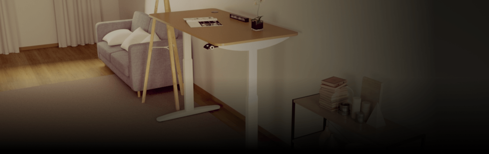  Mesa com regulagem de altura F50 ambientada em sala de estar clean com decoração sofisticada, leve e minimalista. Visão fotográfica lateral