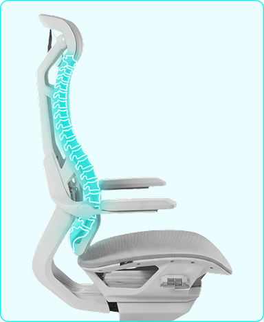 Perfil lateral da cadeira gamer DT3 N7 com ilustração em ciano de uma coluna vertebral humana sobreposta ao encosto, destacando a curvatura ergonômica.