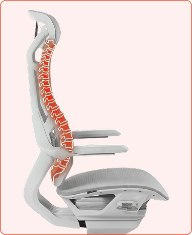 Perfil lateral da cadeira gamer DT3 N7 com ilustração em ciano de uma coluna vertebral humana sobreposta ao encosto, destacando a curvatura ergonômica.
