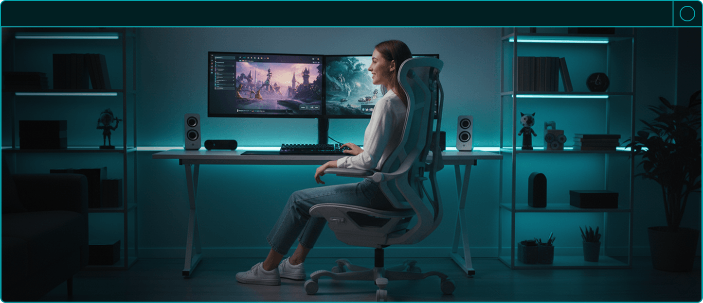 Pessoas trabalhando em um escritório moderno e tecnológico, utilizando cadeiras gamer DT3 N7 em frente a monitores com gráficos.