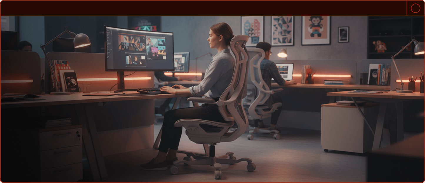 Pessoas trabalhando em um escritório moderno e tecnológico, utilizando cadeiras gamer DT3 N7 em frente a monitores com gráficos.