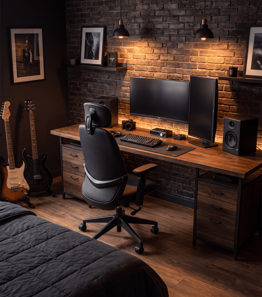 Cadeira Valen preta em setup gamer com parede de tijolos aparentes