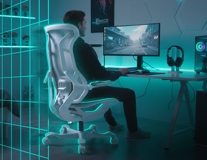 Usuário sentado na cadeira gemer DT3 N7 em um setup futurista com iluminação neon na cor ciano.