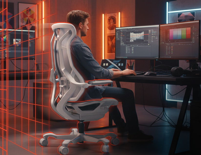 Usuário sentado na cadeira gemer DT3 N7 em um setup futurista com iluminação neon na cor ciano.