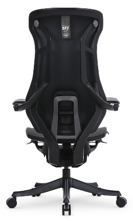 Vista traseira da cadeira gamer DT3 N7 na cor black grey, com estrutura branca e detalhes em laranja vibrante no suporte lombar e articulações.