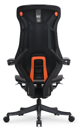 Vista traseira da cadeira gamer DT3 N7 na cor Black Orange, com estrutura branca e detalhes em laranja vibrante no suporte lombar e articulações.