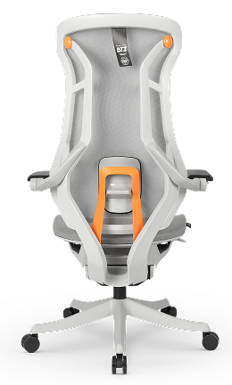 Vista traseira da cadeira gamer DT3 N7 na cor White Orange, com estrutura branca e detalhes em laranja vibrante no suporte lombar e articulações.
