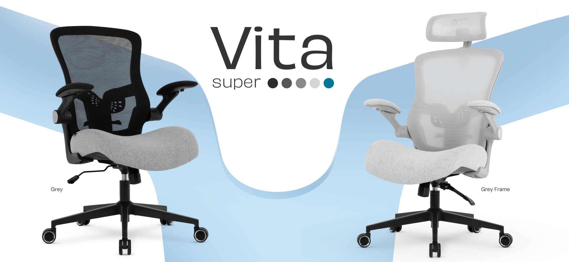 Cadeira Vita Super nas versões Grey, sem apoio de cabeça, e Grey Frame, com apoio de cabeça