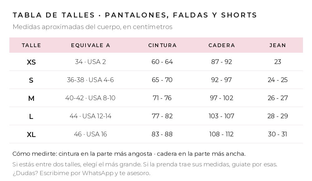 Tabla de talles de pantalones, faldas y shorts