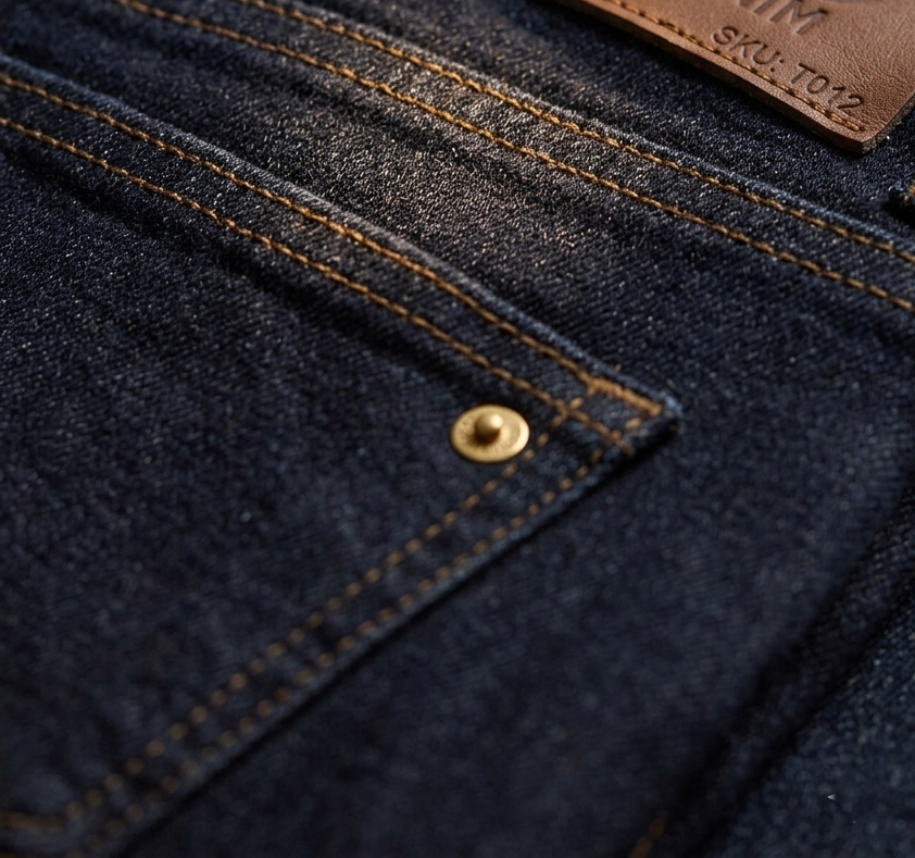 Detalle costura tabaco y etiqueta de cuero Jean T012