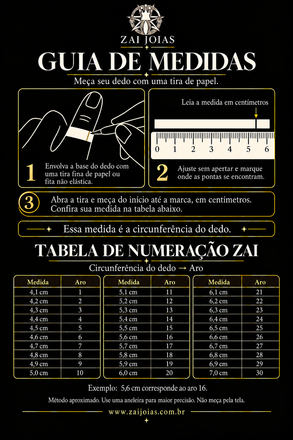 Guia de medidas Zai Joias: como medir o dedo e tabela dos aros 1 a 30