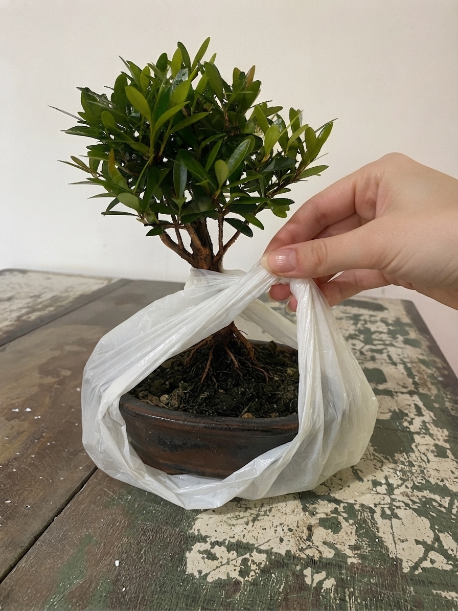 Retirando plastico do bonsai