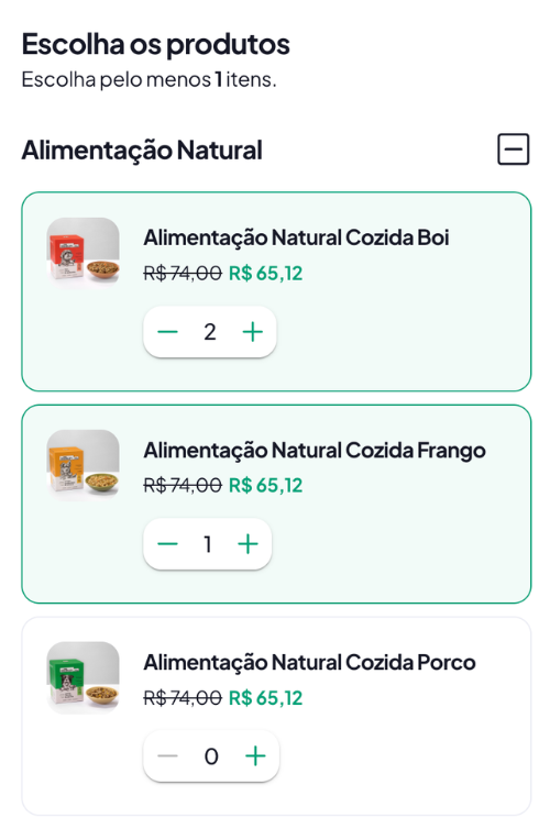 Escolha os produtos que quer receber