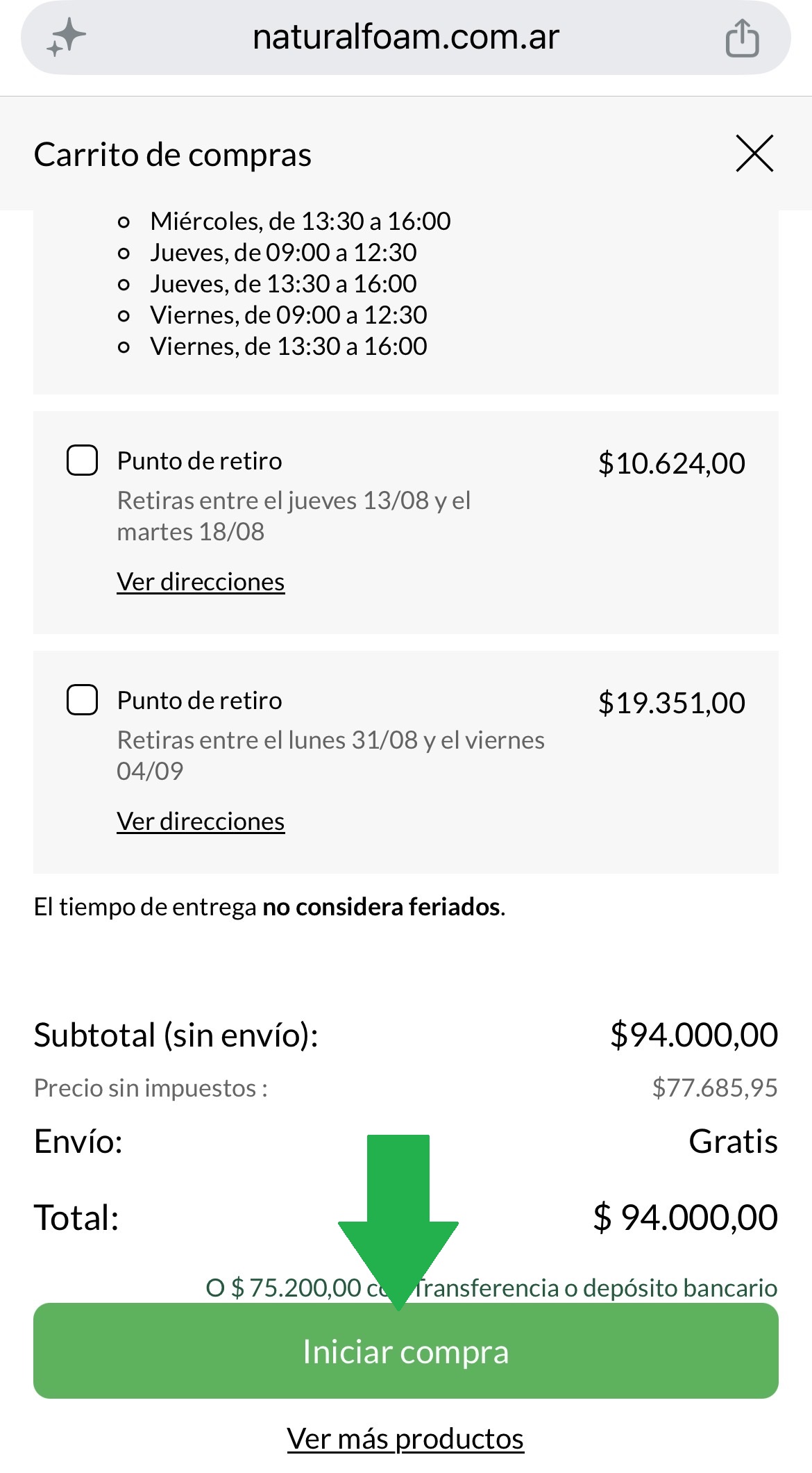 Carrito + botón “Iniciar compra” marcado