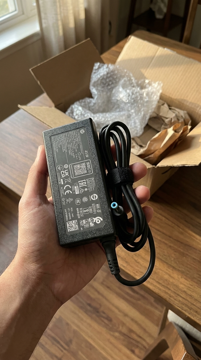 Cargador HP recién desempacado, con caja y espuma protectora visibles
