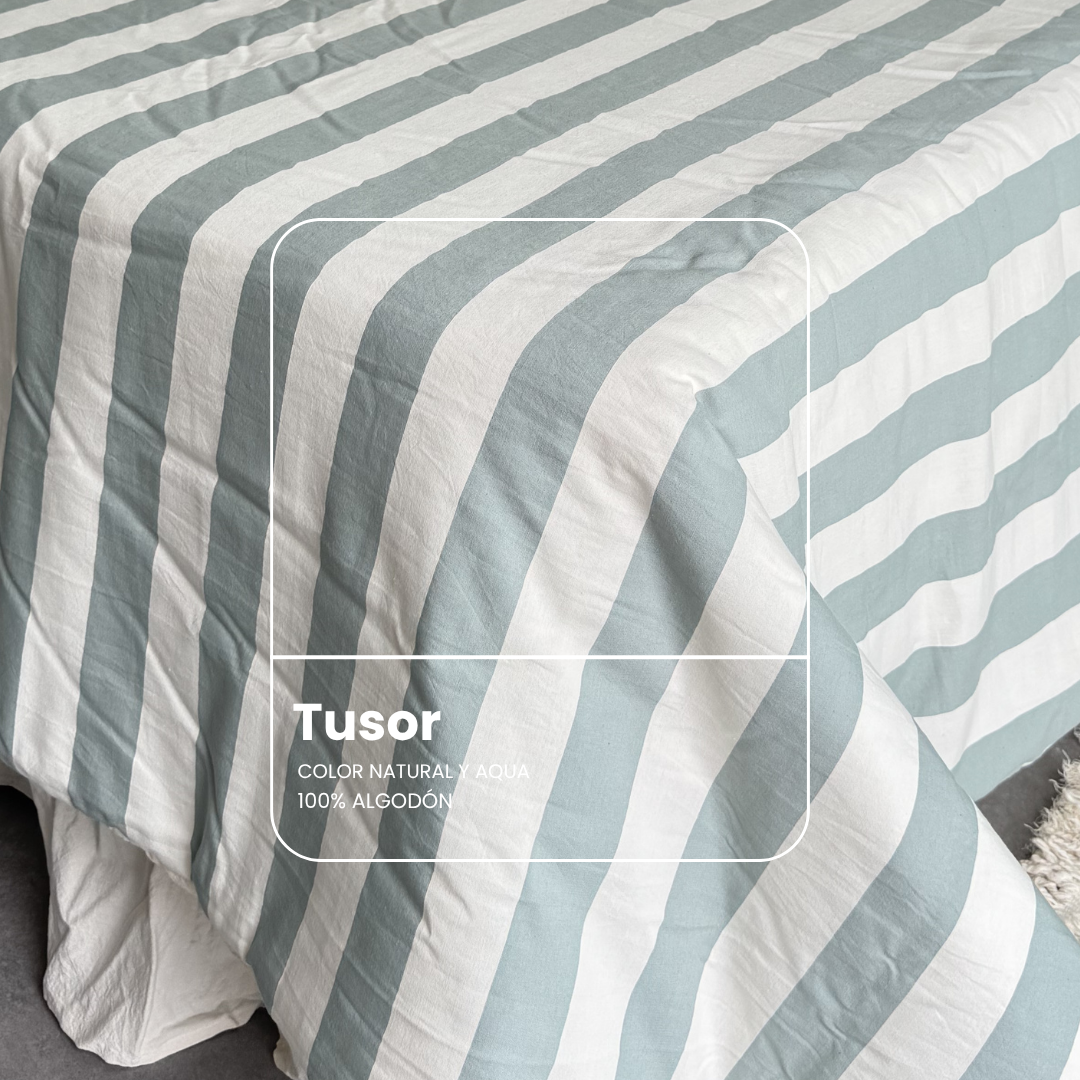 Acolchado Apple - tusor celeste y natural - dise&ntilde;o rayado juvenil