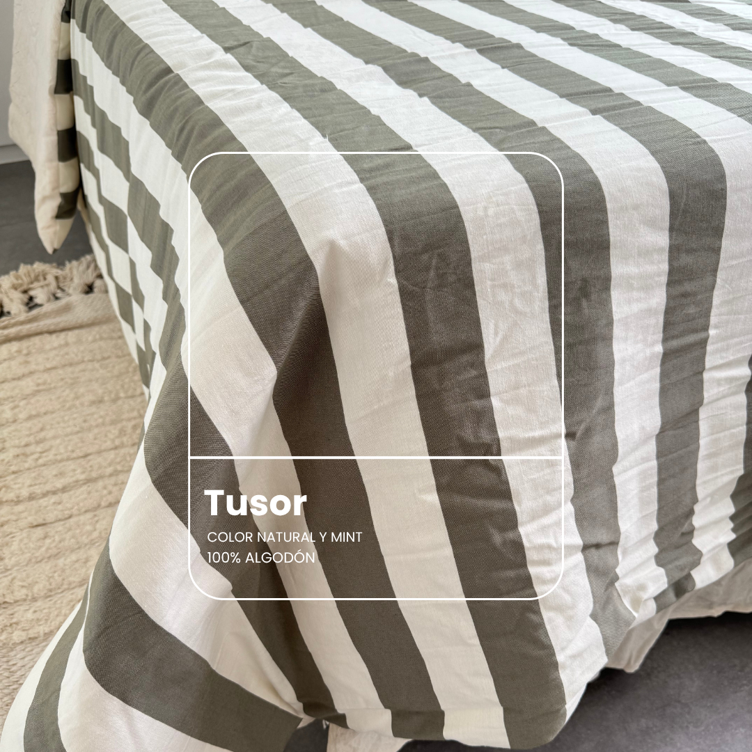 Acolchado Mint - tusor verde musgo y natural - dise&ntilde;o rayado juvenil