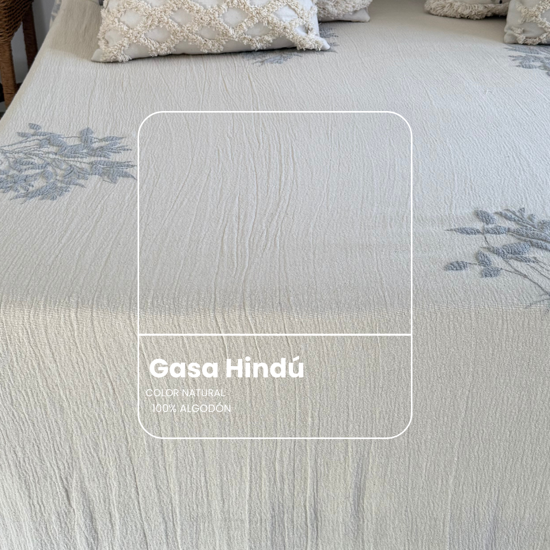 Cubrecama Armon&iacute;a Natural - Gasa hind&uacute; 100% algod&oacute;n estampado a mano - detalle de textura