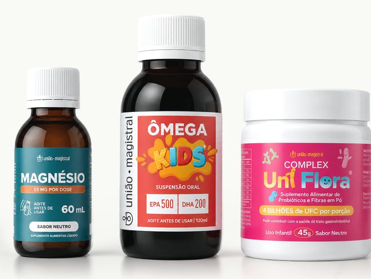 Magnésio, Ômega Kids Suspensão e Complex UniFlora lado a lado