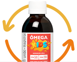Frasco de Ômega Kids envolvido por setas circulares indicando entrega recorrente
