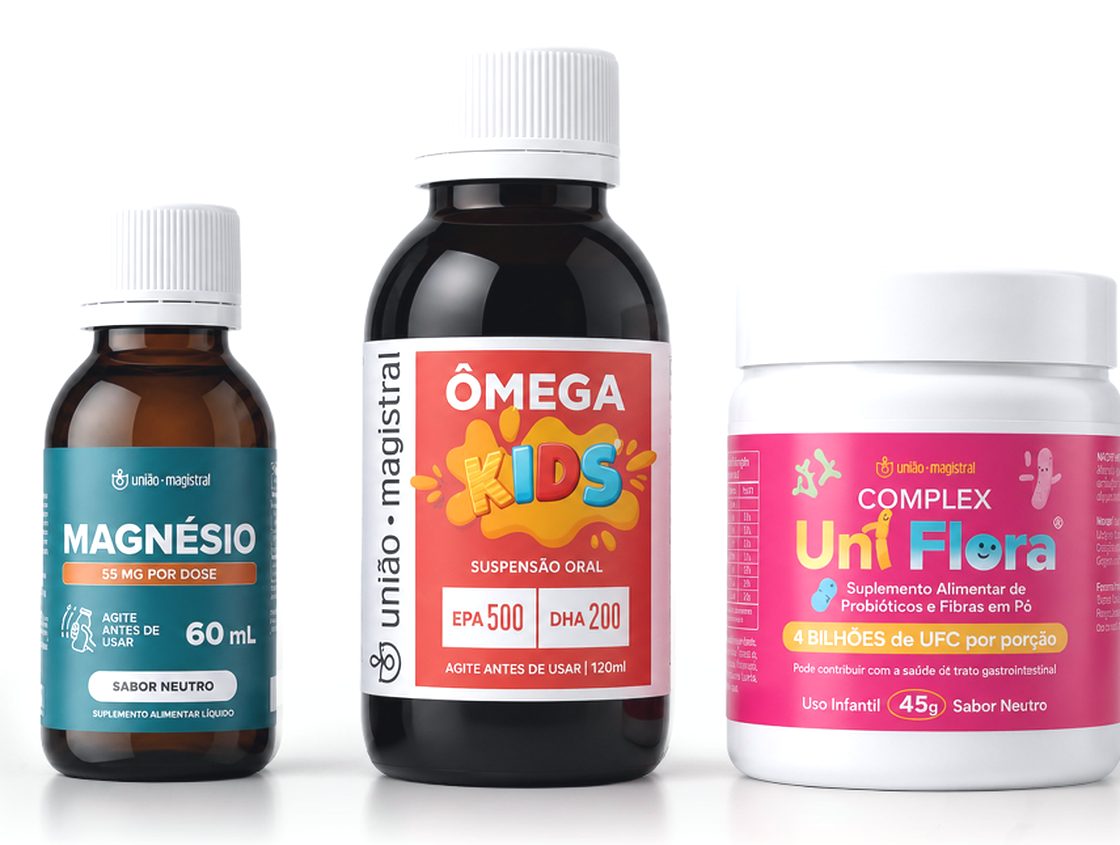Linha de suplementos União Magistral: Magnésio, Ômega Kids Suspensão e Complex UniFlora