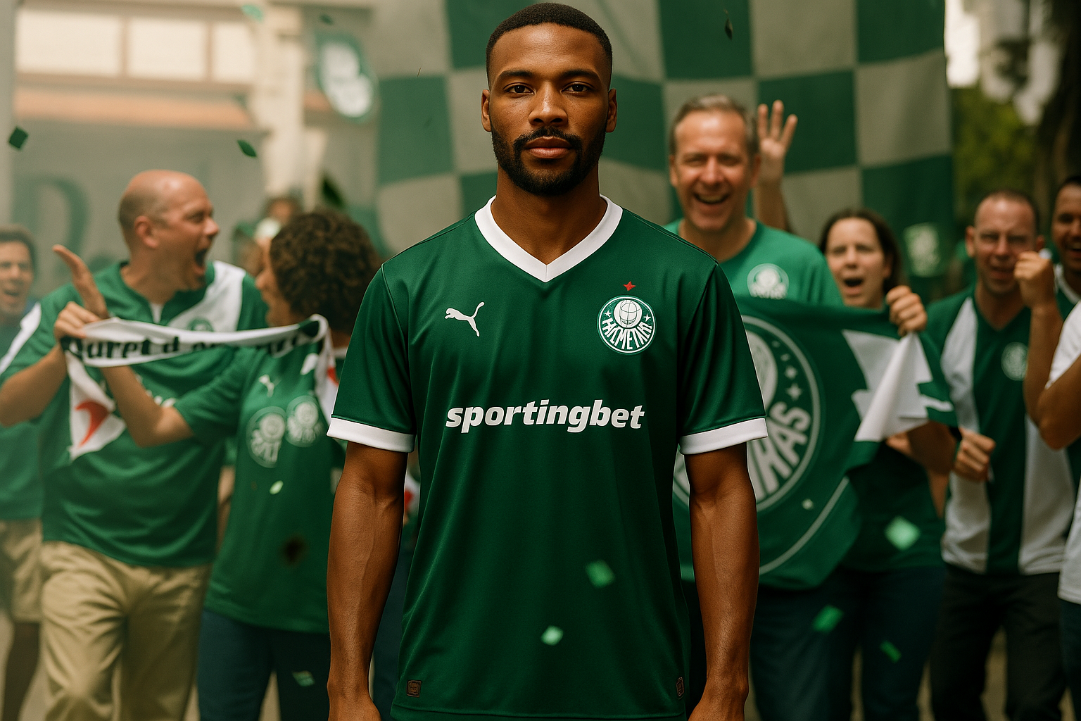 Visual promocional da camisa Palmeiras I 2025 masculina verde – escudo bordado, modelo torcedor Puma, camisa da temporada 2025