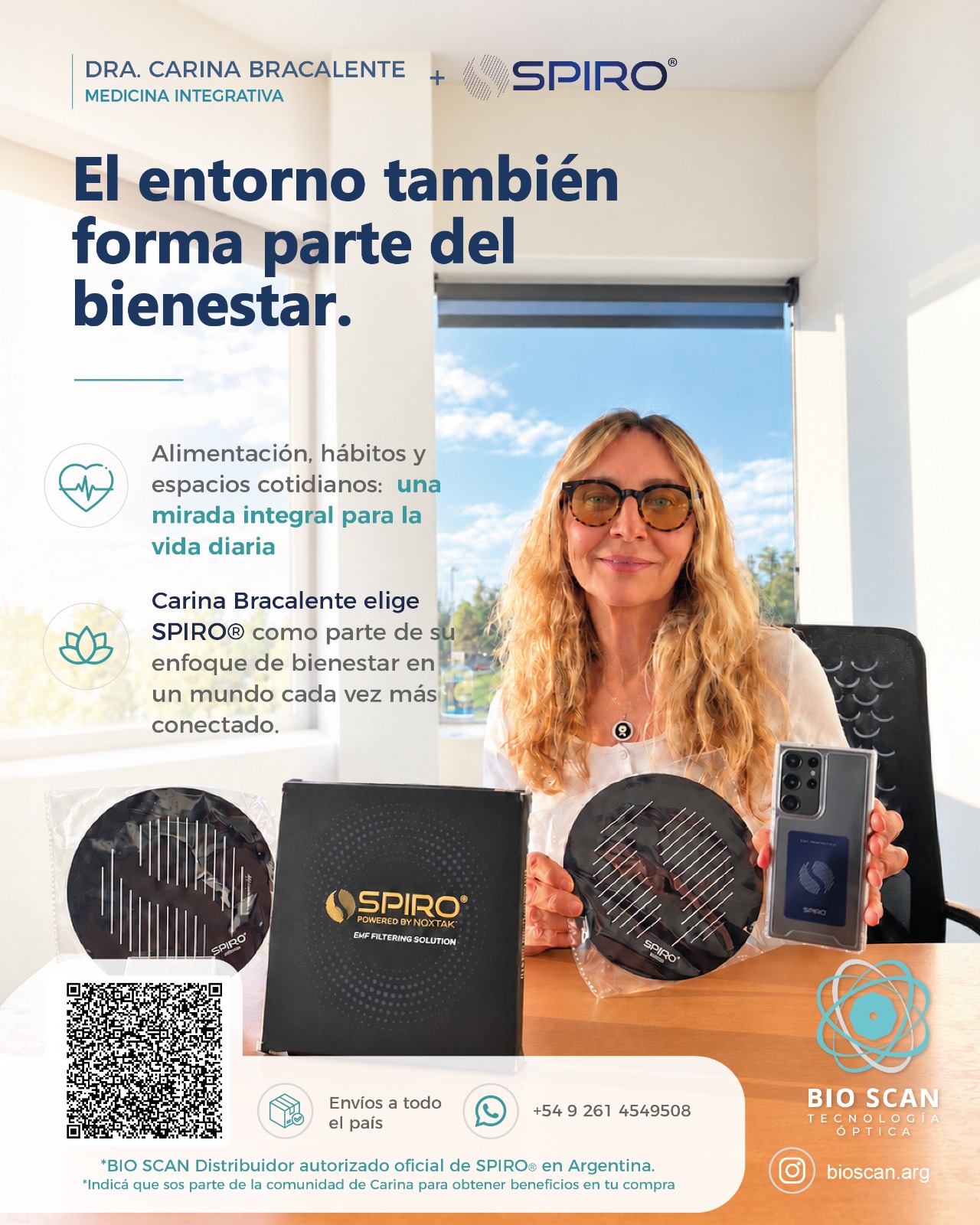 Dra. Carina Bracalente junto a SPIRO. Tecnología óptica y bienestar.