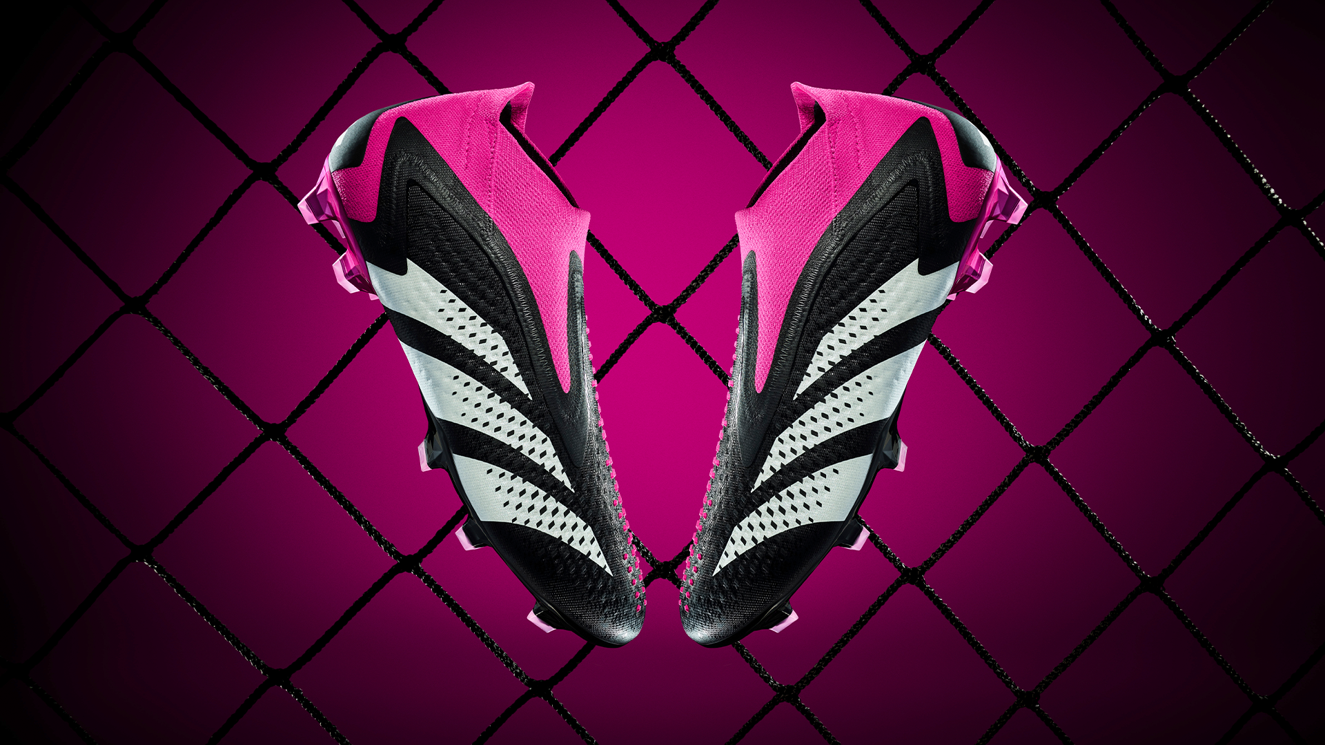 Chuteira Adidas Predator Accuracy+ FG preta, rosa e branca para gramados firmes - Conquiste o controle absoluto, precisão impecável e domínio total do campo.