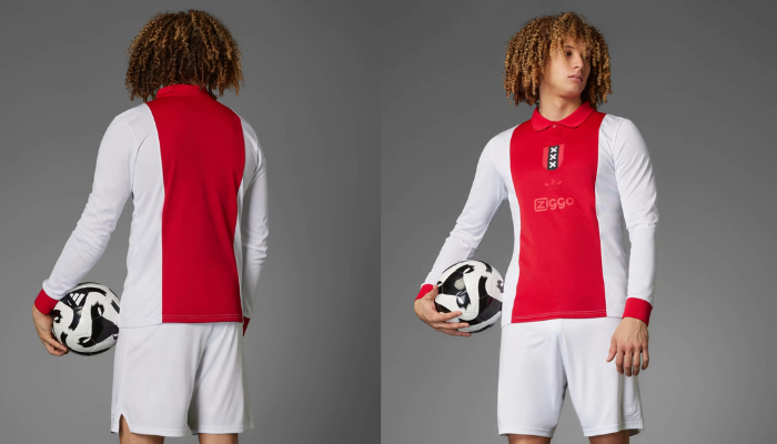 Camisa de 125 anos do Ajax Adidas branca com faixa vermelha central, gola polo vermelha, mangas longas brancas com punhos vermelhos, brasão de Amsterdã no peito e logotipos tonais.