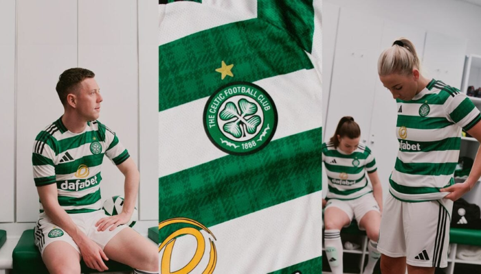 Camisa titular do Celtic FC 2025-2026 Adidas masculina, verde e branca com detalhes xadrez, gola preta e escudo bordado no peito.