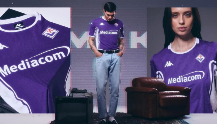 Camisa titular Fiorentina 2025-2026 Kappa roxa com detalhes brancos, modelo masculino com tecido reciclado e tecnologia Hydroway Protection.