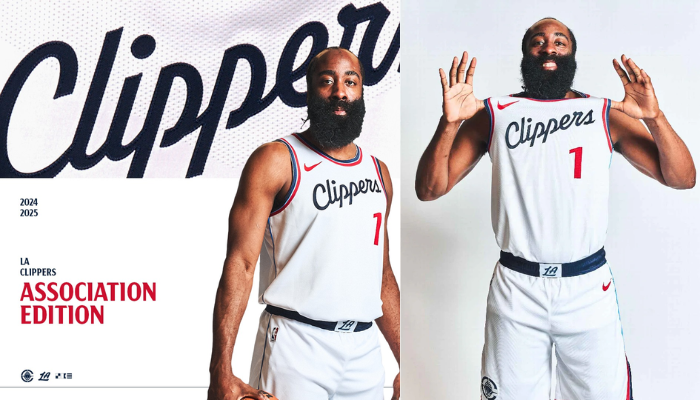 Camisa Regata Association Edition do Los Angeles Clippers Nike 2024-2025 em branco, vermelho e azul. Apresenta o script clássico do time em Navy e Vermelho com detalhes em azul Pacífico, inspirado na linha do horizonte e números estilizados como fontes de navios de guerra.